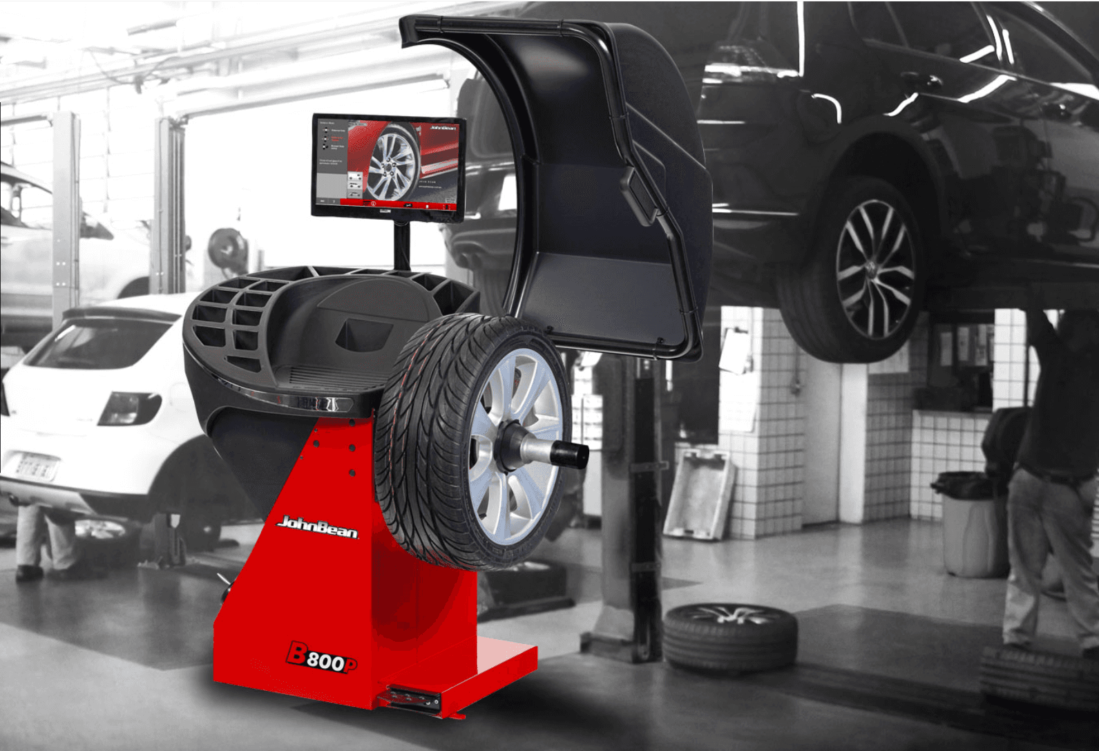 Balanceadora de ruedas premium en operación