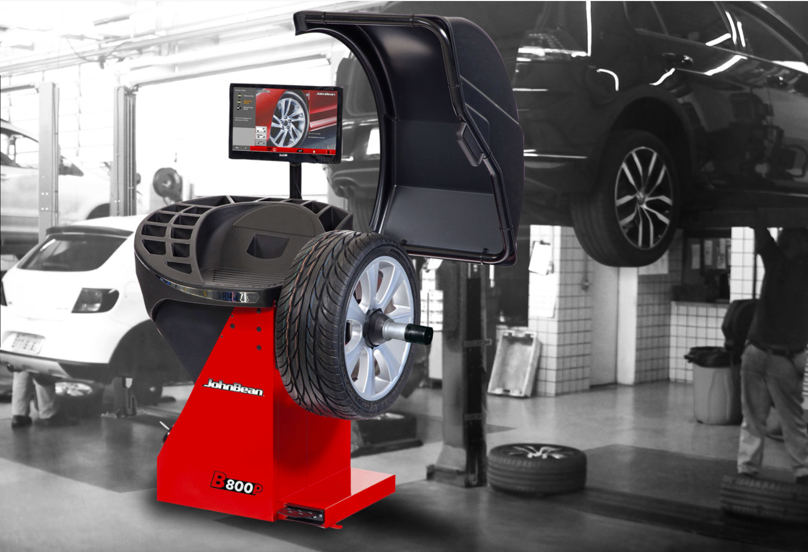 Balanceadora de ruedas premium en operación